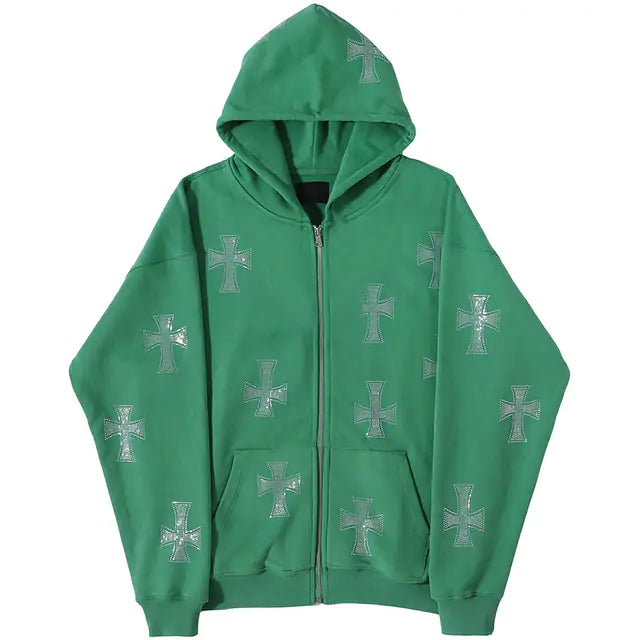 Embroidered Cross Zip-up Hoodie