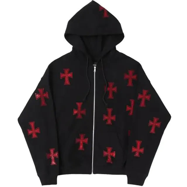 Embroidered Cross Zip-up Hoodie