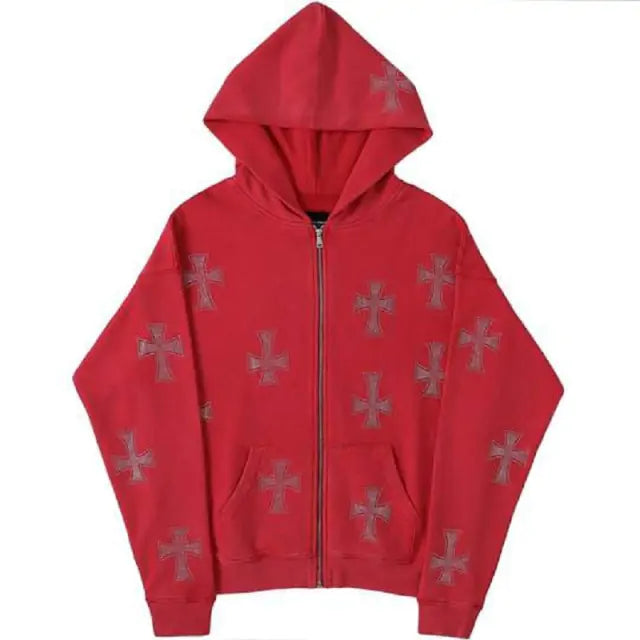 Embroidered Cross Zip-up Hoodie