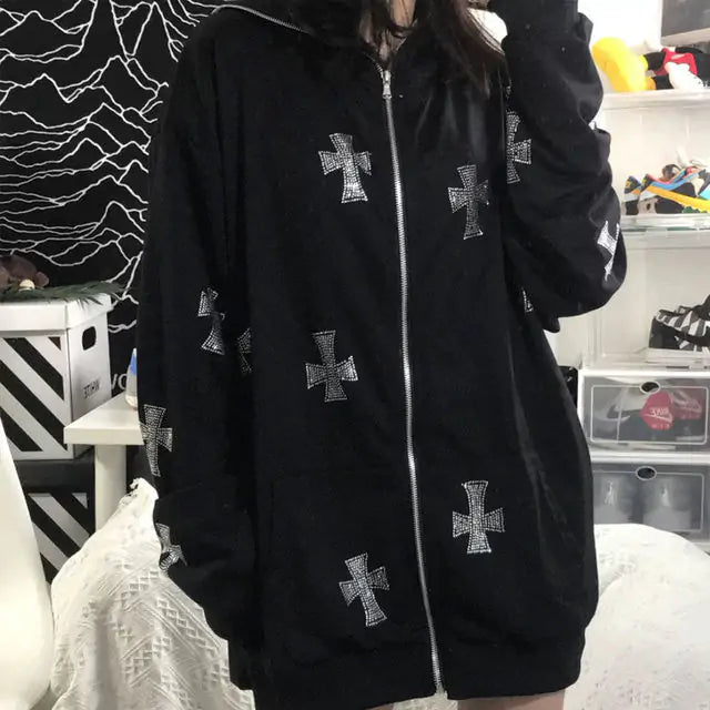 Embroidered Cross Zip-up Hoodie